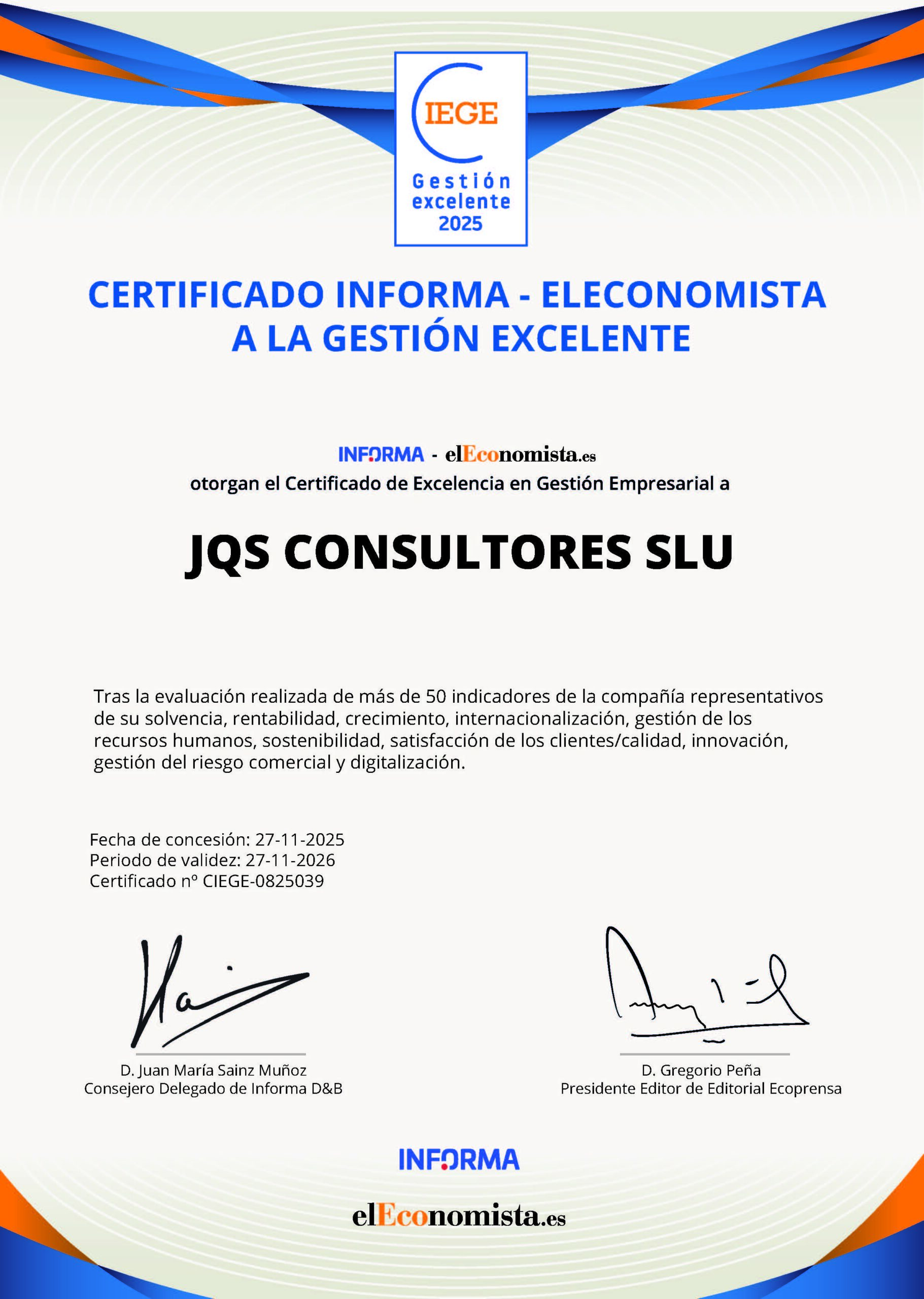 Certificado CIEGE-0825039_JQS_CONSULTORES_SLU
